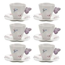 Jogo de 6 Xícaras de Chá com Pires Porcelana 200ml Borboletas