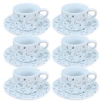 Jogo de 6 Xícaras de Chá de 200ml com Pires em Porcelana Decorada com Arabescos