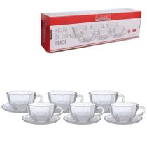 Jogo de 6 xicaras para cha de vidro com pires peach transparente 240ml hauskraft