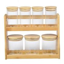 Jogo de 7 porta condimentos em vidro com suporte em bambu
