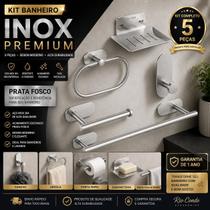 Jogo de Acessórios para Banheiro 5 Peças em Aço Inox Sem Parafuso Toalheiro, Porta Papel Higiênico e Ganchos Jogo de Acessórios para Banheiro 5 Peças em Aço Inox Sem Parafuso Toalheiro, Porta Papel Higiênico e Ganchos