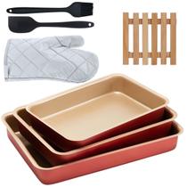 Jogo de Assadeira Alta 03 Peças Antiaderentes + Luva Térmica + Pincel + Espátula + Descanso de Panela Quadrado