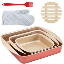 Jogo de Assadeira Quadrada 03 Peças Antiaderentes + Luva Térmica + Pincel Vermelho + Descanso de Panela Redondo