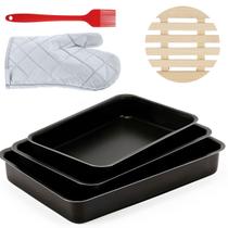 Jogo de Assadeira Retangular 03 Peças Antiaderentes + Luva Térmica + Pincel Vermelho + Descanso de Panela Redondo