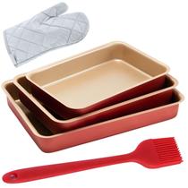 Jogo de Assadeiras Forma Alta Retangular 03 Peças Antiaderentes + Luva Térmica + Pincel de Silicone Vermelho Jogo de Assadeiras Forma Alta Retangular 03 Peças Antiaderentes + Luva Térmica + Pincel de Silicone Vermelho