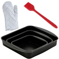 Jogo de Assadeiras Forma Quadrada 03 Peças Antiaderentes + Luva Térmica + Pincel de Silicone Vermelho