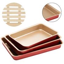 Jogo de Assadeiras Forma Retangular 03 Peças Antiaderentes + Descanso de Panela Redondo Madeira