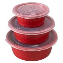 Jogo de Bacia 3 Peças Plastico Redonda Multiuso Vermelho com Tampa Canelada Jogo de Bacia 3 Peças Plastico Redonda Multiuso Vermelho com Tampa Canelada