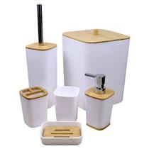Jogo de Banheiro Bancada Funcional Decorativo Elegante Bambu Quadrado Branca 6 Peças - R3P Import