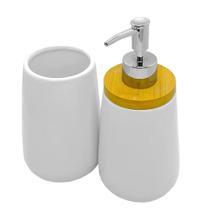 Jogo De Banheiro Ceramica E Bambu 2 Pçs Sabonete Liq Escova - Mimo Style