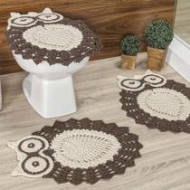 Jogo de Banheiro Coruja em Crochê Feito a Mão 03 Peças 85% Algodão 15% Poliéster - Cru