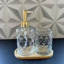 Jogo de banheiro de vidro Diamond transparente com 3 peças porta sabonete líquido escova bandeja bandeija banhero