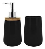 Jogo De Banheiro dispenser Black Em Bambu E Porcelana 2 Pç Jogo De Banheiro dispenser Black Em Bambu E Porcelana 2 Pç