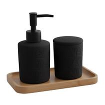 Jogo de Banheiro Kit 3 Peças Bandeja Pote Organizador e Porta Sabonete Cerâmica Folhas Leaf Preto Wolff Jogo de Banheiro Kit 3 Peças Bandeja Pote Organizador e Porta Sabonete Cerâmica Folhas Leaf Preto Wolff