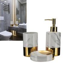 Jogo de Banheiro kit 3 peças Porcelana Branco/Dourado Gold Linha Premium - tuut