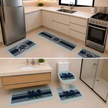 Jogo de Banheiro + Kit Passadeira Estampado Tapete de Cozinha 3 Peças para Casa Cor:Verde Água