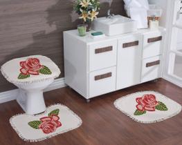 Jogo de Banheiro Natural Estampado Rosas 3Pçs Lacre
