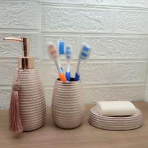 Jogo De Banheiro Pia Lavabo Escova Saboneteira Escova Dentes Cerâmica Rosê Gold - 3 peças Jogo De Banheiro Pia Lavabo Escova Saboneteira Escova Dentes Cerâmica Rosê Gold - 3 peças