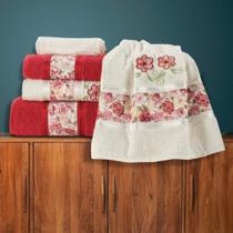 Jogo de Banho Bordado Floral Algodão 5 Peças - Vermelho/Palha