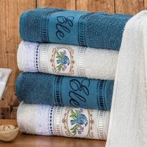 Jogo de Banho Bordado Ponto Russo Algodão 5 Peças - Palha/Azul