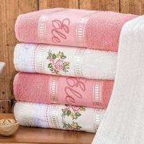 Jogo de Banho Bordado Ponto Russo Algodão 5 Peças - Palha/Rosa