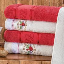 Jogo de Banho Bordado Ponto Russo Algodão 5 Peças - Palha/Vermelho