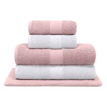 Jogo de Banho Bouton Natural Rosa/Branco 5Pçs(2 Toalhas de Banho + 2 Toalhas de Rosto + 1 Piso)