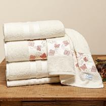 Jogo De Banho Clara 5Pçs Bordado 100% Algodão Palha/Rosa