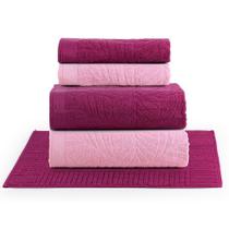 Jogo de Banho Native Fio Penteado Jacquard Folhas 05 Peças 100% Algodão - Pitaya/Rosa Vintage/Pitaya