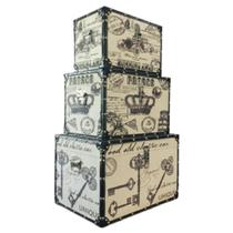 Jogo de Baus de Madeira Revestidos com Tecido Estampado 3un Sarquis Samara Jogo de Baus de Madeira Revestidos com Tecido Estampado 3un Sarquis Samara