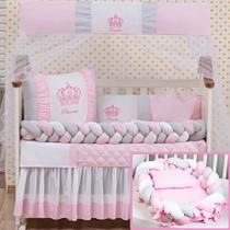 Jogo de berço coroa trança com caminha de bebê conforto rosa e azul 15 peças