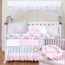 Jogo de berço menina nuvem com saia e ninho trançados redutor rosa 16 peças Jogo de berço menina nuvem com saia e ninho trançados redutor rosa 16 peças