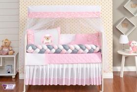 Jogo de Berço Menina Rosa Trança 14 Peças Impermeável Rosa