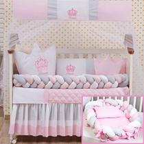 Jogo de berço modelo baby coroa trança rosa e azul 15 peças com ninho redutor e cabeceira