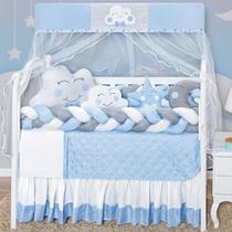Jogo de berço nuvem estampado com saia box e 2 tranças conforto 12 peças