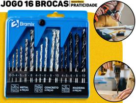 Jogo De Brocas Bramix 16 Peças P/ Madeira Metal Concreto Kit Completo Profissional C/ Estojo Jogo De Brocas Bramix 16 Peças P/ Madeira Metal Concreto Kit Completo Profissional C/ Estojo