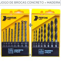 Jogo de Brocas Com 16pçs Fertak Para Furar Concreto e Madeira Com Estojo Plástico Organizador Kit de Broca Para Furadeira. - FERTAK TOOLS