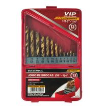 Jogo de Brocas em Titanio 1/16 - 1/4pol com 13 pcs 90480 VIP INDUSTRIAL Jogo de Brocas em Titanio 1/16 - 1/4pol com 13 pcs 90480 VIP INDUSTRIAL
