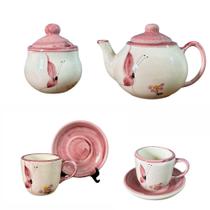 Jogo de Bule Açucareiro e 2 Xícaras Com Pires Para Servir Café