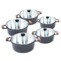 Jogo De Caçarola 5 Pçs Grafite Alça Madeira Tampa Vidro Cava Jogo De Caçarola 5 Pçs Grafite Alça Madeira Tampa Vidro Cava