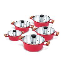 Jogo de Caçarola 5 peças Vermelho Alça Madeira Tampa Vidro Cava