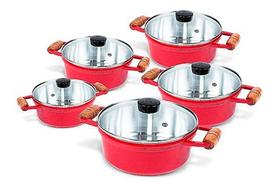 Jogo De Caçarola 5 peças Vermelho Alça Madeira Tampa Vidro Cava