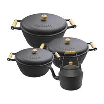 Jogo De Caçarola Ferro Chaleira Panela Com Alça Madeira Nº 6 Jogo De Caçarola Ferro Chaleira Panela Com Alça Madeira Nº 6