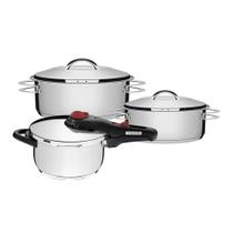 Jogo de Caçarola Rasa Solar 2 Peças + Panela de Pressão Solar 4,5 L em Aço Inox Fundo Triplo Tramontina Jogo de Caçarola Rasa Solar 2 Peças + Panela de Pressão Solar 4,5 L em Aço Inox Fundo Triplo Tramontina