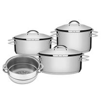 Jogo de Caçarola Solar 3 Peças + Cozi-Vapore Solar em Aço Inox Fundo Triplo Tramontina Jogo de Caçarola Solar 3 Peças + Cozi-Vapore Solar em Aço Inox Fundo Triplo Tramontina