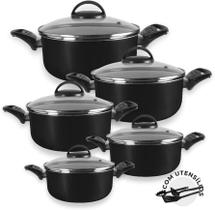 Jogo de Caçarolas Antiaderente Tampa de Vidro 05 Peças Panelas + Utensílios Preto -Marpal