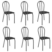 Jogo de Cadeiras p Cozinha Kit com 6 - Cromo Preto - Assento Preto Florido - Artefamol