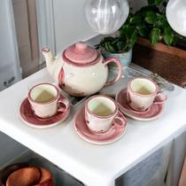 Jogo de Café Bule Com 3 Xícaras e Pires Feitos Em Cerâmica