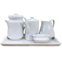 Jogo de Café e Chá com Bandeja, Açucareiro, Bule e Leiteira - Porcelana Branca - 5 Peças