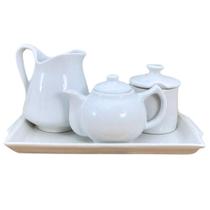 Jogo de Café e Chá com Bandeja, Bule Chaleira 400ml, Açucareiro 250ml e Jarra Leiteira 740ml - Kit de Porcelana Branca Jogo de Café e Chá com Bandeja, Bule Chaleira 400ml, Açucareiro 250ml e Jarra Leiteira 740ml - Kit de Porcelana Branca